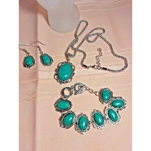 Boho Teal Necklace 12ins +3 Long, Dangle Earring's & Bracelet. Set